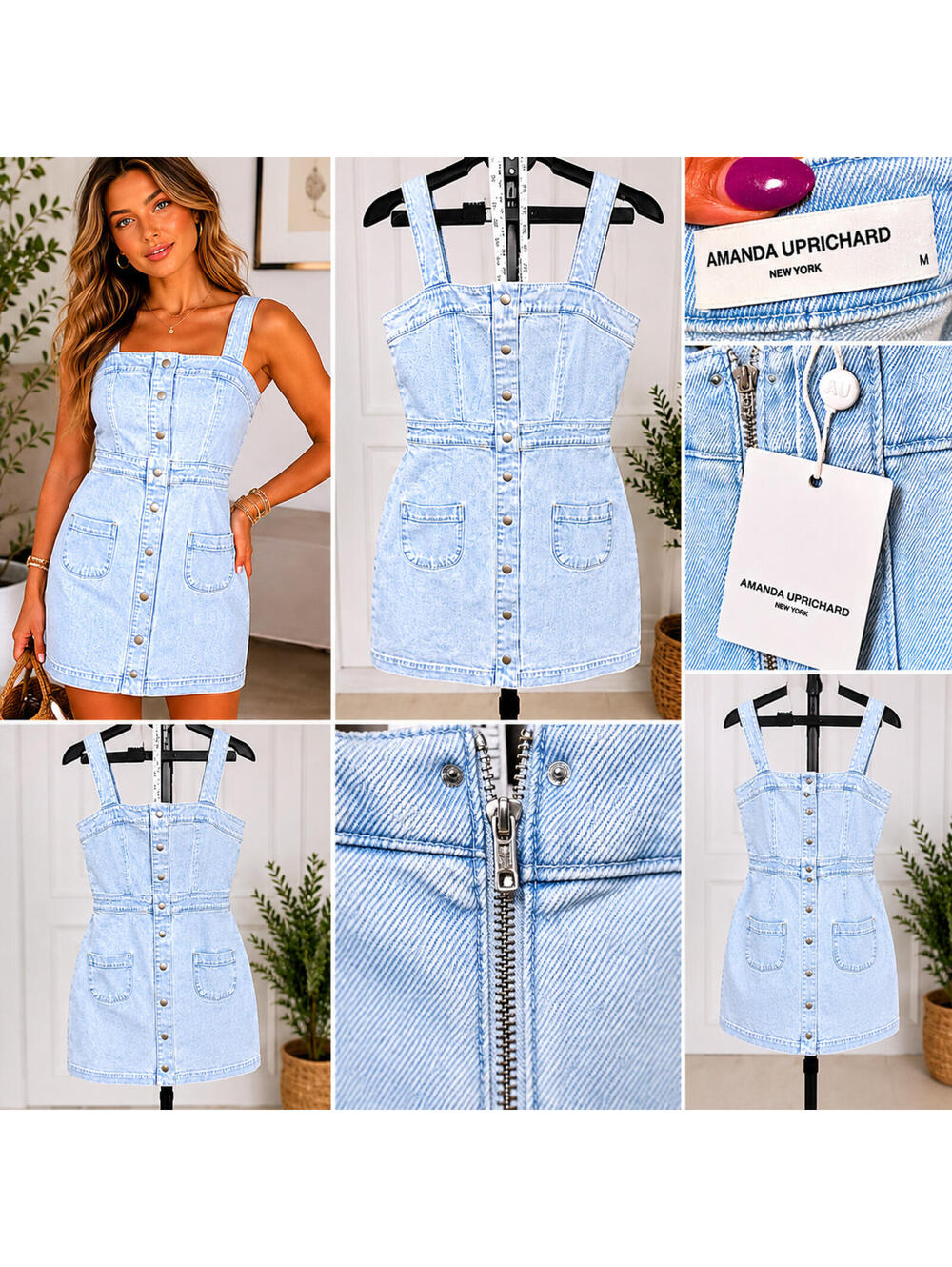 Amanda Uprichard Denim Mini Dress Light Wash Snap Front Sleeveless Size M NWT